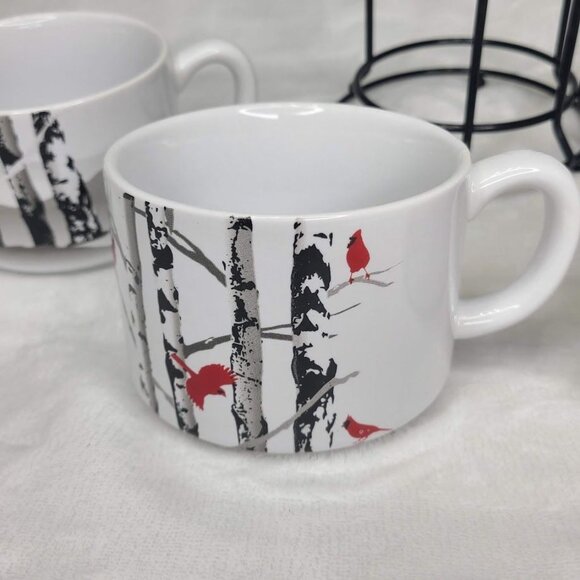 White River Cardinal on Birch Stackable Coffee Mugs Set of 4 With Rack Rustic - Picture 7 of 16